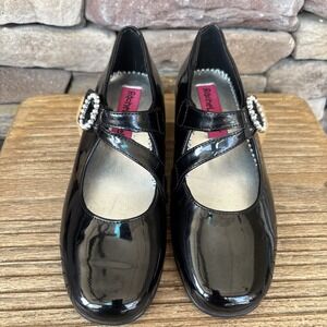 Rachel Shoes Girls Sz 2 Black "Patent Leather Look" Rhinestone Hook Loop Closure
